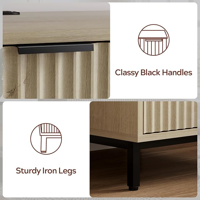 47" Home Office Desk with Fluted Drawers, Wood Exectuive Desk with Storage Cabinet, Charging Station, Metal Legs Modern Farmhouse Computer Desk for Work, Study Light Oak