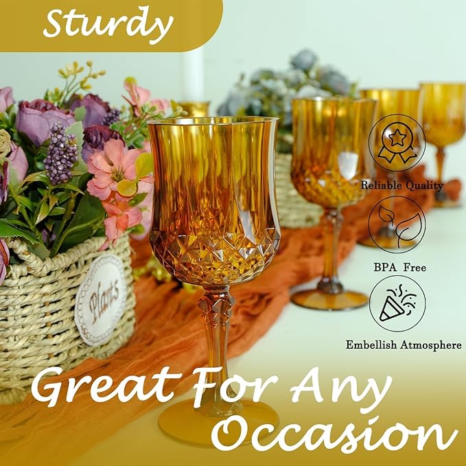 Plastic Wine Glasses, Plastic Goblets Vintage Style Cordial Drinking Glasses for Valentine’s Day, Wedding Reception, Grand Event Party Supplies (100, Amber)