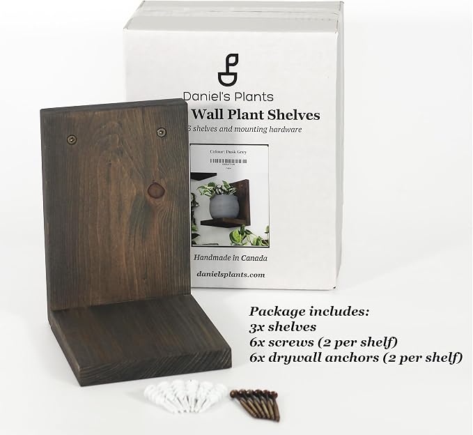 Daniel's Plants 3 Pack Midcentury Modern L Shaped Floating Shelves | Wall Mounted Plant Shelf Kit | Solid Wooden Shelf | 3 Shelves (Woodland Brown)