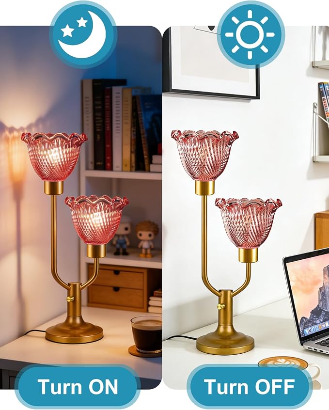 Lightdot Flower Glass Red Table Lamp Dimmable Mid Century Modern Vintage Gold Desk Lamp Nightstand Lamp 2 Bulbs Included Warmwhite Ambient Bedside Lamps for Living Room Bedroom Home Office Decor Gift
