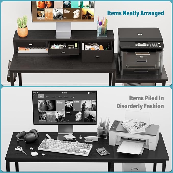 SINPAID 47 inch Computer Desk with Printer Shelf, Gaming Desk with Monitor Stand and Drawers, Reversible Home Office Desk with Storage Shelves and 2 Hooks, Home Workstation for Study Writing, Black