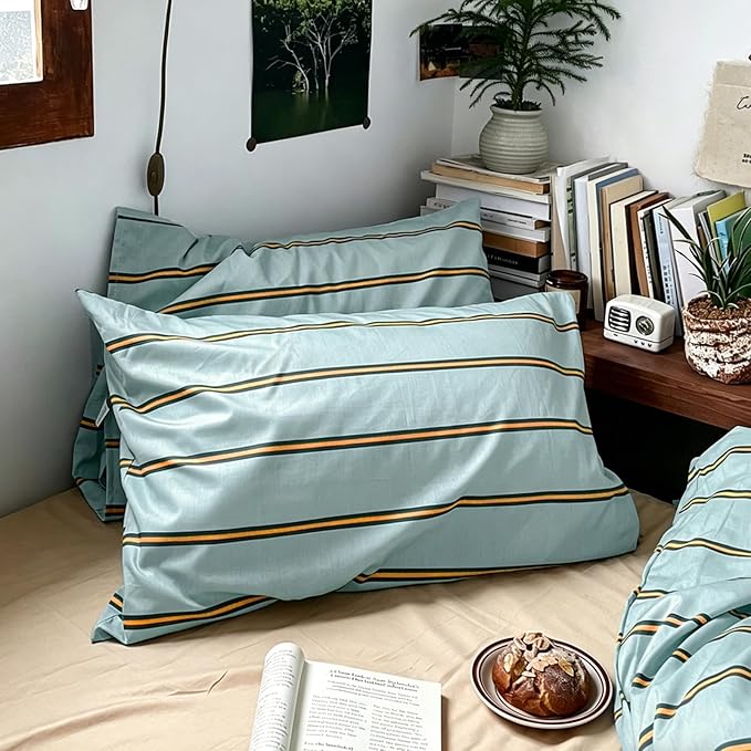 mixinni Retro Mint Blue Striped Duvet Cover Set - 100% Natural Cotton 3-Piece Vintage Stripes Pattern Printed Bedding Set, Soft Breathable Comforter Cover with Zipper Closure & Corner Ties, Queen Size