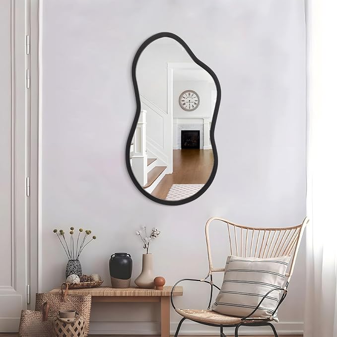 AAZZKANG Large Irregular Mirror 22"x12" Black Asymmetrical Wall Mounted Mirrors Decorative Wood Frame for Bathroom Bedroom Living Room Entryway