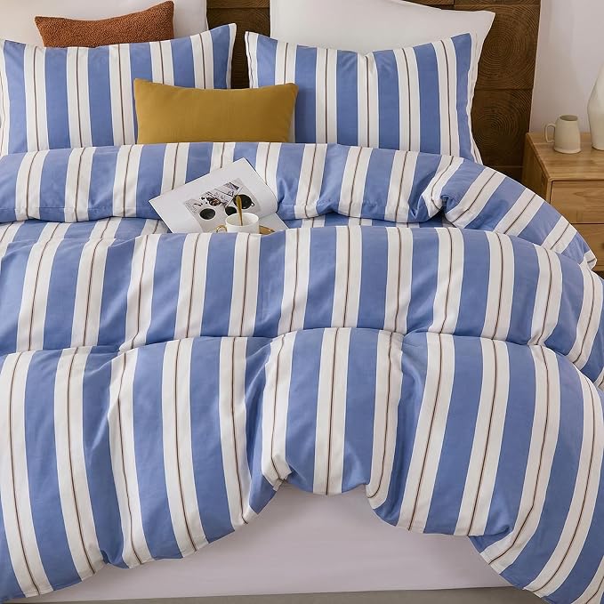 Merryword Blue and White Striped Duvet Cover Set King Size 100% Cotton Bedding Set with Modern Coastal Style Soft Breathable Linen Like Bedding Set 3 Pieces