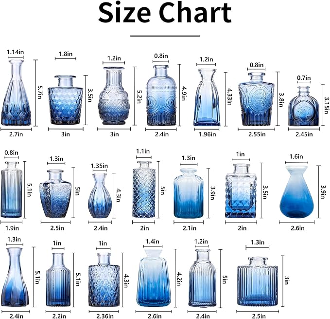 Blue Glass Bud Vase Set,20Pcs Small Glass Vase for Flowers, Blue Bud Set in Bulk,Mini Single Vintage Design for Centerpiece Rustic Wedding Decorations Home Table Flower DΓ©cor