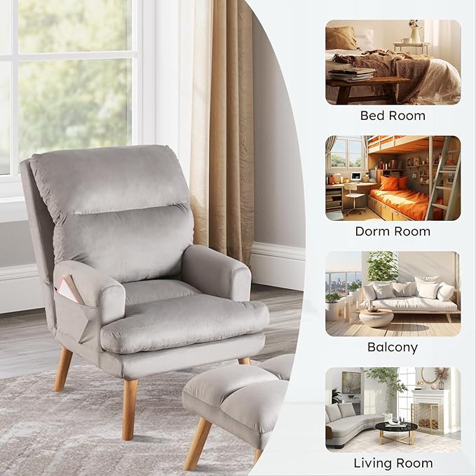 Accent Chair with Ottoman, Velvet Fabric Chair Armchair with Adjustable Backrest and Side Pockets, Mid Century Arm Chair with Ottoman for Living Room, Bedroom, Teen Room, Light Grey