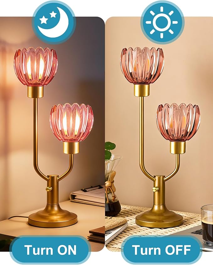 Lightdot Flower Table Lamp Dimmable Nightstand Lamp Mid Century Modern Red Glass Vintage Gold Desk Lamp 2 Bulbs Included Warmwhite Ambient Bedside Lamps for Living Room Bedroom Home Office Decor Gift