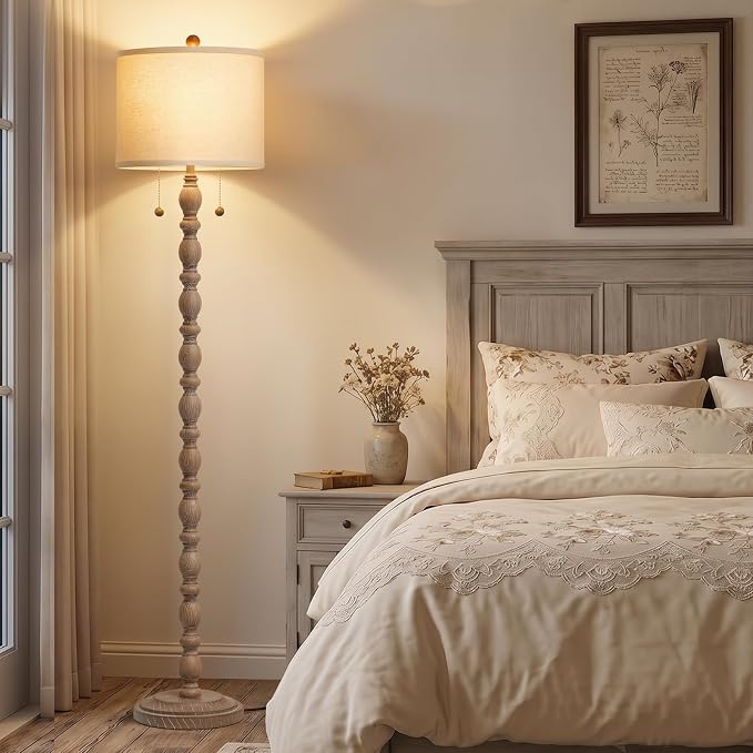 Luvkczc Farmhouse Floor Lamp for Living Room Bedroom, 62" Tall Standing Lamp with Dual Pull Chains, Vintage Resin Floor Lamp with 9W LED Bulb, Easy Assembly