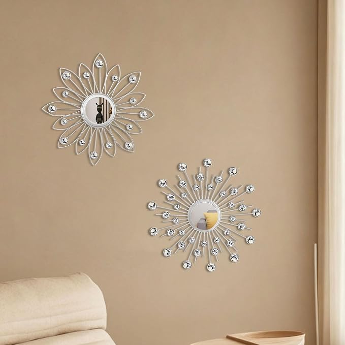 2 Pack Metal Mirrors for Wall Boho Sunburst Wall Mirror Home Decor Modern Decorative Wall Art for Bedroom Living Room Entryway