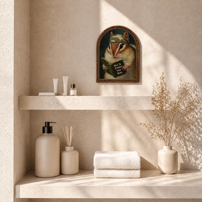Wooden Tabletop Decor Funny Reading Chipmunk Art for Bookshelf Desk Shelf, Vintage Animal Sign with Rustic Frame, Home Office Decorative Accent
