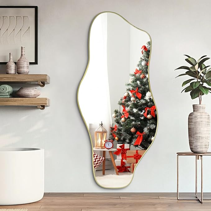 Irregular Mirror, 59"x25.5" Asymmetrical Full Length Mirrors Decorative, Gold Cloud Shaped Mirror, Large Abstract Frameless Mirrors for Living Room Bathroom Bedroom Hallway Entryway
