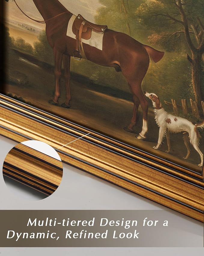 HUARCEY Gold Framed Vintage Wall Art for Living Room, Animals Painting Prints Shelf Decor for Kitchen, Aesthetic Bedroom Wall Art, Best Gifts for Friends or Family - Human Horse Dog 10L x 8W