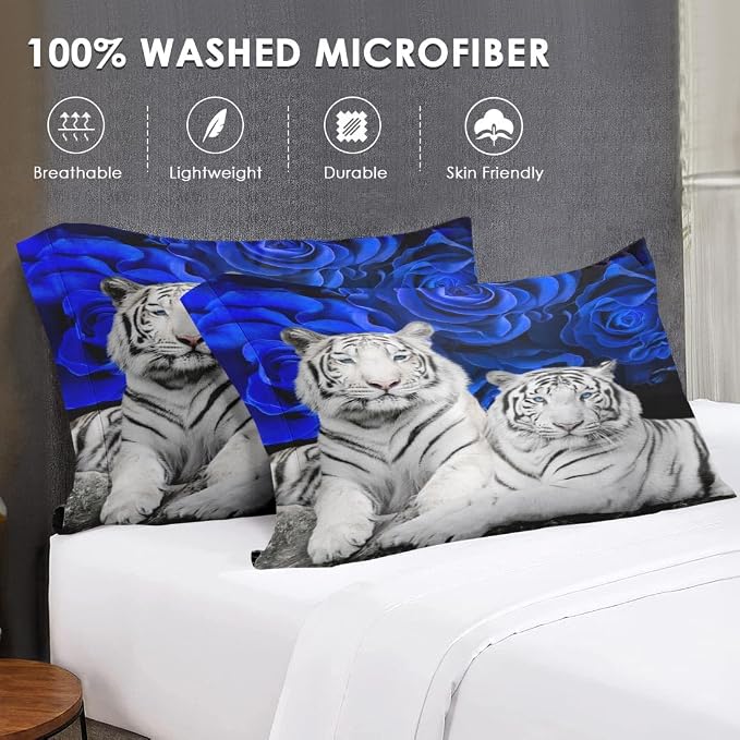 WeCozy Full Size Comforter Set with 2 Pillowcases, White Tiger Animal Cat 3 Pcs Bedding for Kids and Adults, Blue Rose Flower Background Soft Comforter Set for Bedroom Bed Decor