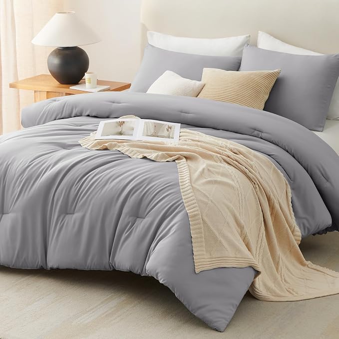 CozyLux Queen Comforter Set Grey, 3 Pieces Lightweight Comforters Queen Size Quilted Bedding Sets, Gray All Season Breathable Solid Down Alternative Comforter with 2 Pillowcases, Bed Set Gift for Home
