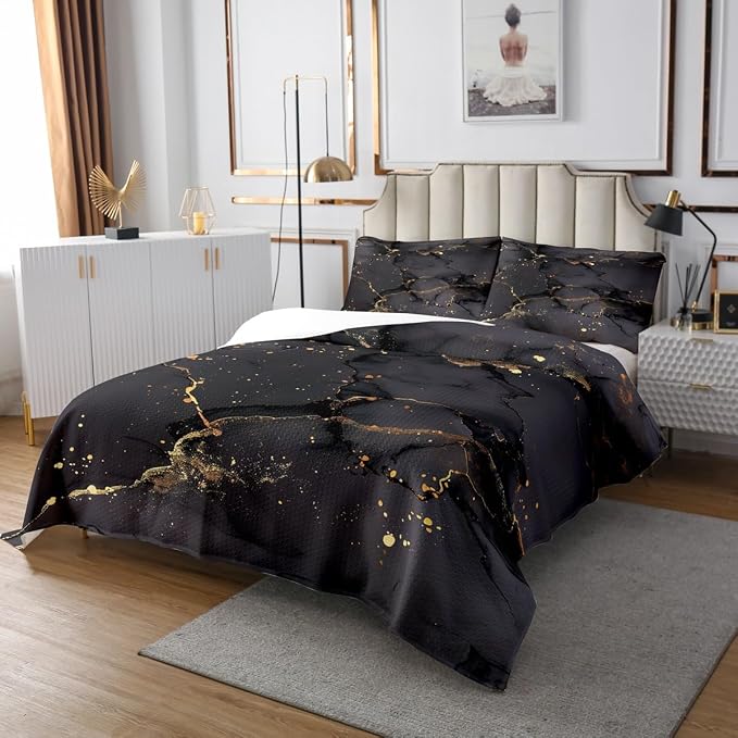 Erosebridal Black Marbling Coverlet Twin Size Gold Metallic Sequin Bedding Set, Dark Grey Marble Bedspread Set Abstract Aesthetic Artwork Quilt Set, Modern Fashion Bed Set Luxurious Room Decor