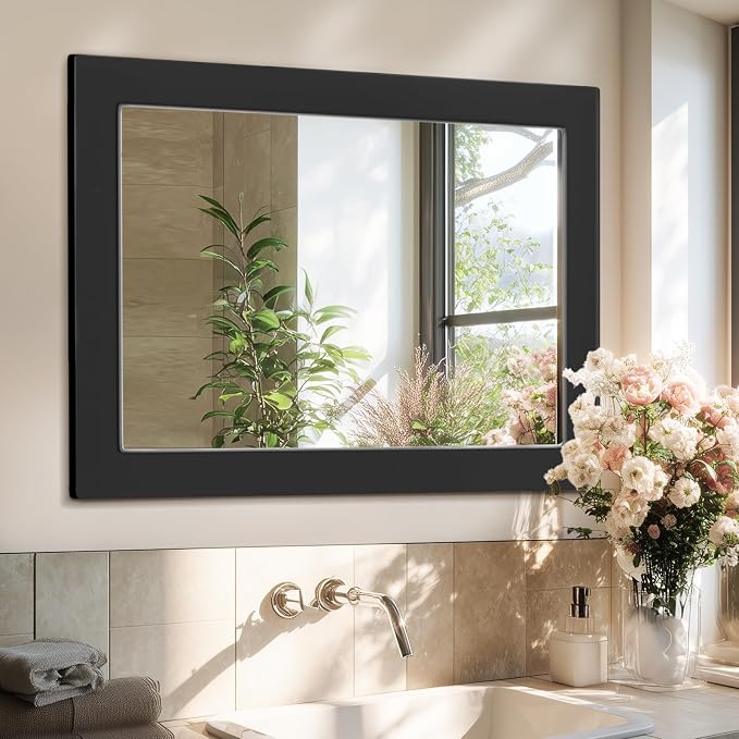 40''x30'' Rustic Wall Mirror for Bathroom Black Wood Frame, Classic Rectangle Mirror Farmhouse Vanity Wall Mirror Decor Living Room, Bedroom, Entryway