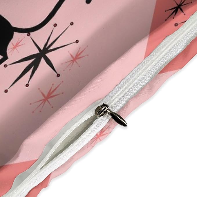 Mid Century Bedding Set,Retro Black Cat 1950s 1960s Abstract Atomic Pink Geometric Pattern Modern Comforter Set with Pillowcase for Bedroom Bed Decor,Queen 90"x90"