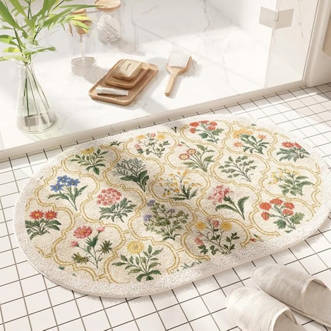vctops Oval Bathroom Rugs, Spring Floral Print Absorbent Microfiber Bath Rugs, Non Slip Quick Dry Bath Mats for Bathroom Floor, Tub and Shower, Home Decor Accessories (Oval A,20"x31")
