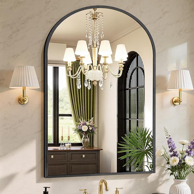 NEWBULIG 40X30 Inch Arched Bathroom Mirror for Wall, Vanity Bathroom Mirrors for Over Sink Tempered Glass, Anti-Rust Arched Metal Framed, Hangs Horizontally or Vertically, Farmhouse Home Decor, Black