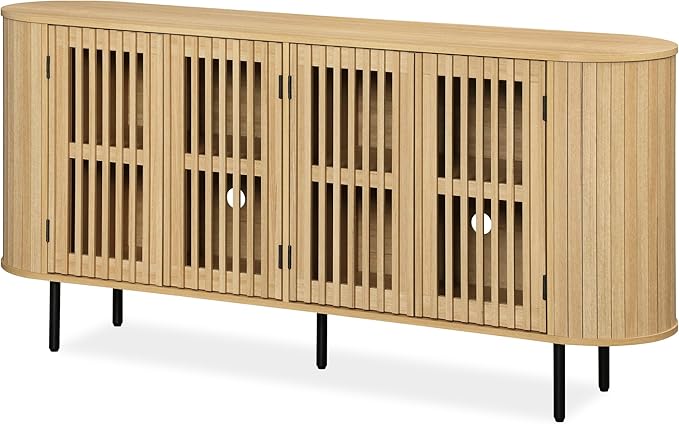 WAMPAT Sideboard Buffet Cabinet with 4 Fluted Doors,64" Wood Accent Storage Cabinet with Curved Design,Mid-Centery Modern Credenza for Dining Room,Kitchen,Hallway,Oak