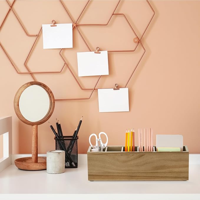Jetec Wooden Pencil Pen Holder for Desk 6 Compartments Cosmetic Makeup Brush Stationery Office Desktop Organizers for Countertop Adjustable Silverware Caddy for Home and Party, Art Supplie(Wood Color)