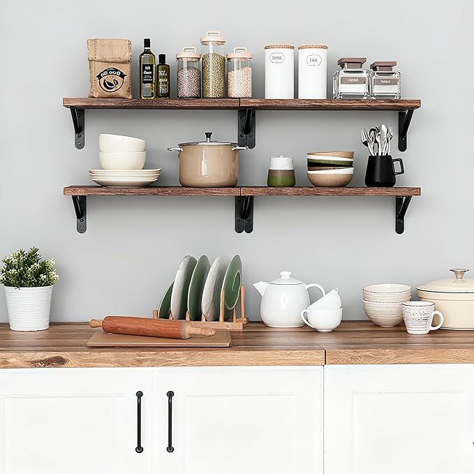 Fixwal Floating Shelves for Wall, Wood Wall Mounted Shelves for Bedroom, Bathroom, Living Room, Kitchen Storage and Decor(Brown, Set of 4, 16.5 Inch)