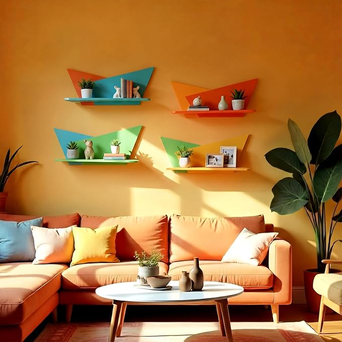Threehoney Mid-Century Modern Wall Set of 4 Colorful Floating Display Shelves Retro Style Starburst Wall Mounted Shelves Storage for Bedroom, Living Room Decor(Folding Geometry)