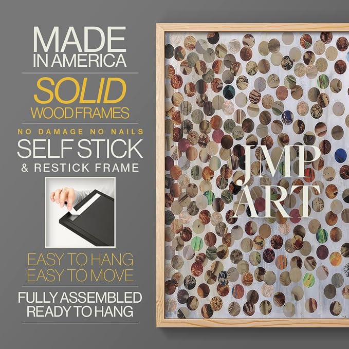 Renditions Gallery Set of 2 Peel & Stick Framed Prints, Textured Abstract Wall Art, Scattered Circular Cutouts Wall Decor, Re-Stickable - Ready to Hang - 22"x28" - NATURAL WOOD Frame LT588