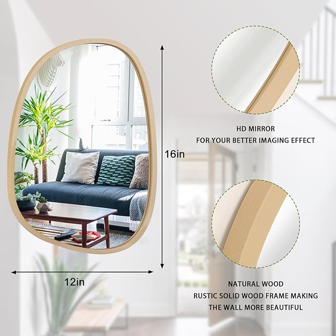 Irregular Wall Mirror Gold Asymmetrical Bathroom Mirror Oval Wood Framed Modern Wall Mounted Decorative Mirrors for Wall Home Vanity Bedroom Living Room Entryway Hallway Small 16"x12"