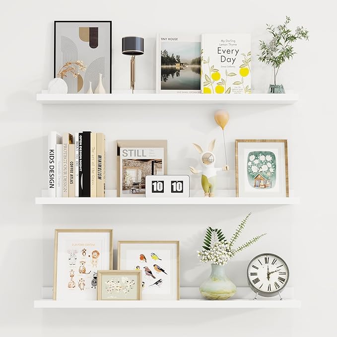 Axeman 30 Inch Floating Shelves | White Picture Ledge Shelf Set of 3 | Rustic Wood Wall Shelves with Lip | 30" White Picture Shelf for Wall with Ledge | Photo Shelves