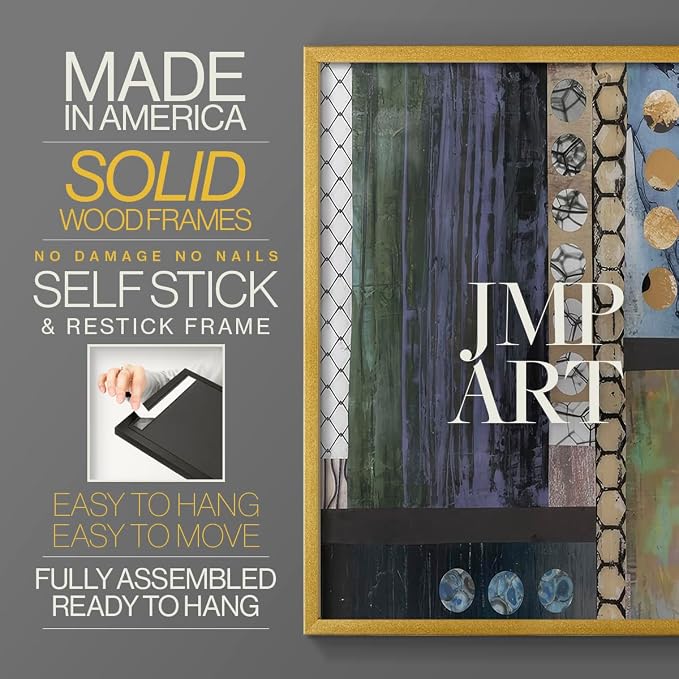 Renditions Gallery Set of 2 Peel & Stick Framed Prints, Geometric Abstract Wall Art, Hexagonal and Circular Pattern Wall Decor, Re-Stickable - Ready to Hang - 16"x20" - GOLD Frame LT588