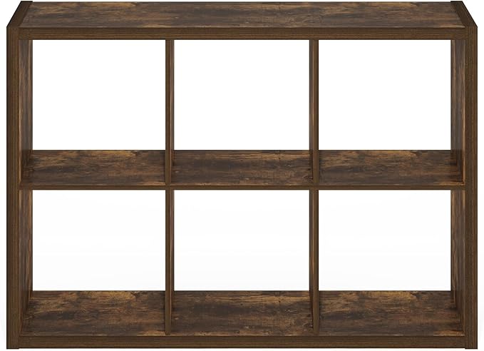 Furinno Cubicle Book Shelf, 6-Cube Bookshelf, Extra Thick Frame Horizontally & Vertically Reversible Bookcase with Open Back, 14.6" x 44" x 30", for Living Room, Bedroom, Home Office, Amber Pine