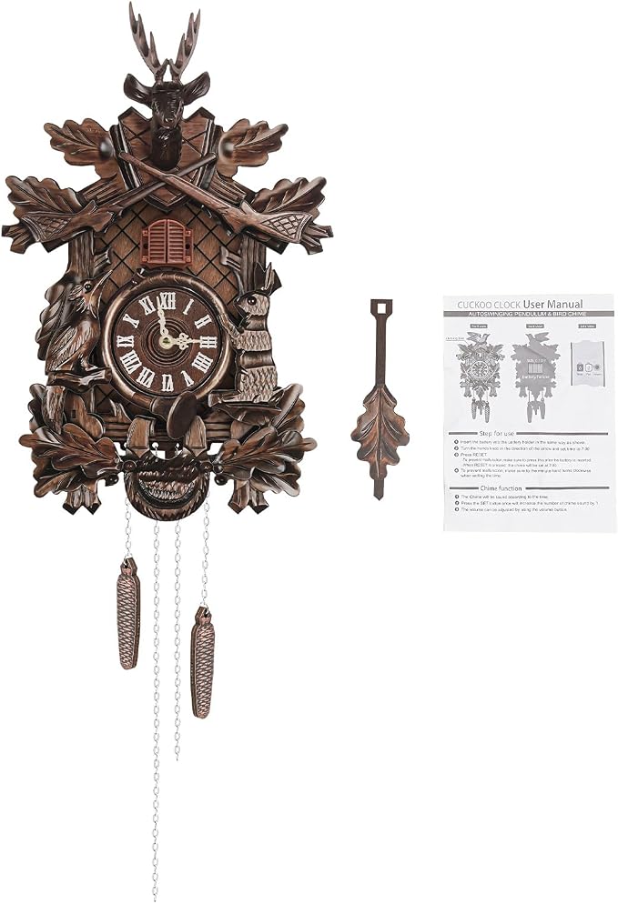 Cuckoo Clock, Retro Wooden Cuckoo Birdhouse Antique Wall Clock Forest Clock Home Decor Auto Swing with Singing Bird Vintage Chalet Design(No Battery) (Type A)