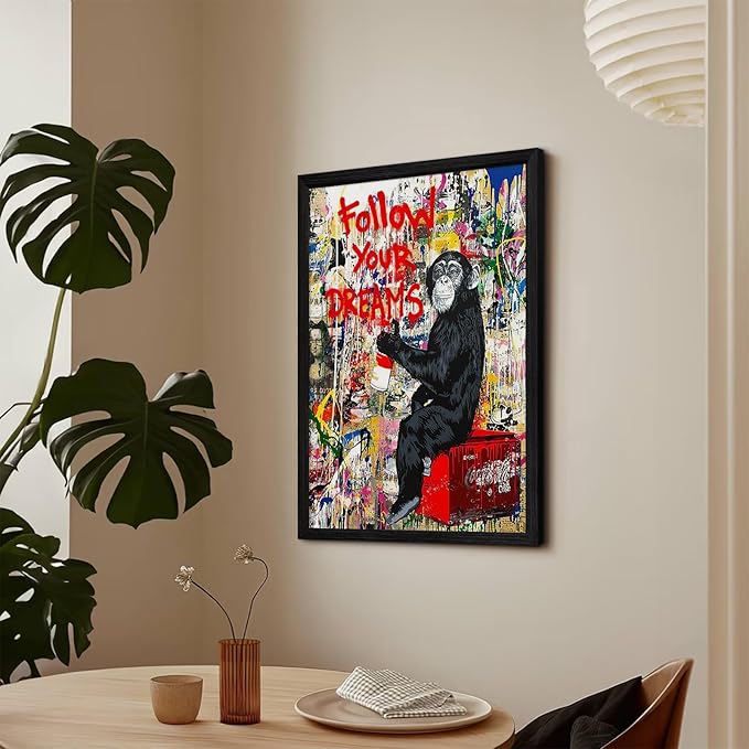 Banksy Canvas Wall Art Monkey Follow Your Dreams Street Graffiti Wall Art Banksy Prints Gorilla Poster Monkey Artwork Graffiti Pictures Painting for Home Living Room Decor 16x24 Inch Black Framed