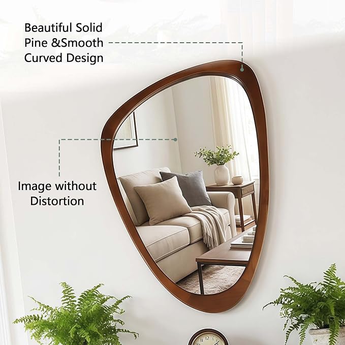 24x36 Inch Asymmetrical Wall Mirror Wood,Rustic Irregular Shaped Vanity Mirror for Bathroom,Bedroom, Living Room, Entryway, Fireplace,Wall Decor,Solid Wooden Frame (Yellow Brown, 24"x36" Inch)