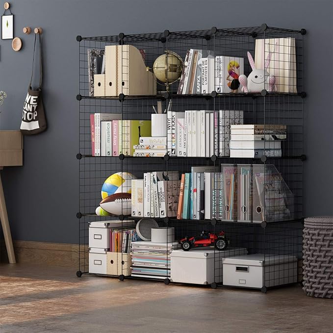 Wire Storage Cubes, Metal Storage Shelves Bookshelf, Stackable Modular Closet Organizer for Bedroom Living Room, Office, Black (16 Cubes, Iron)