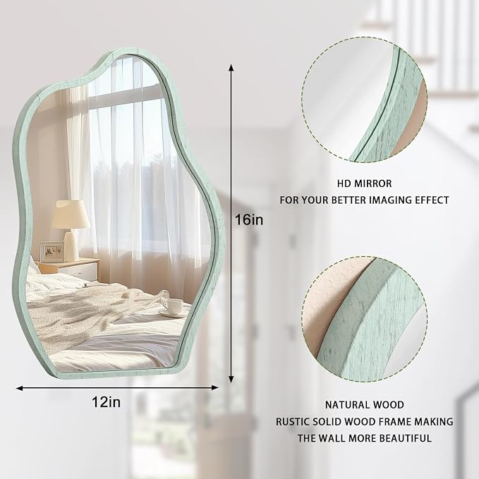 Asymmetrical Irregular Mirror for Wall Wooden Framed Hanging Wall Mirror Cloud Modern Unique Bathroom Wall Mirrors Decorative Living Room Bedroom Entryway Hallway Artistic Hanging Mirror