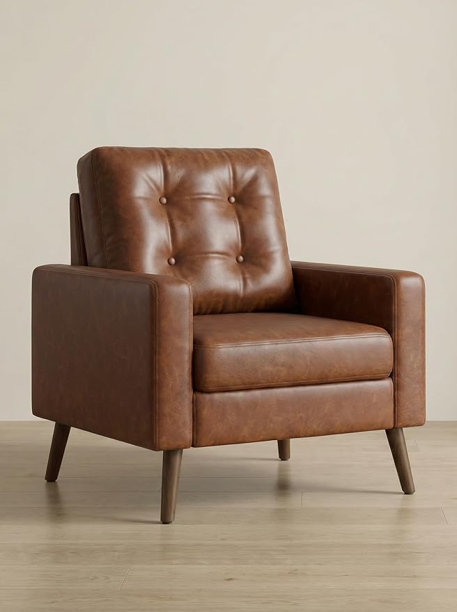 Wahson Office Chairs PU Accent Arm Chair with Tufted Back, Faux Leather Comfy Upholstered Single Sofa, Mid Century Modern Side Club Chair with Wood Legs for Reading/Living Room/Bedroom, Caramel