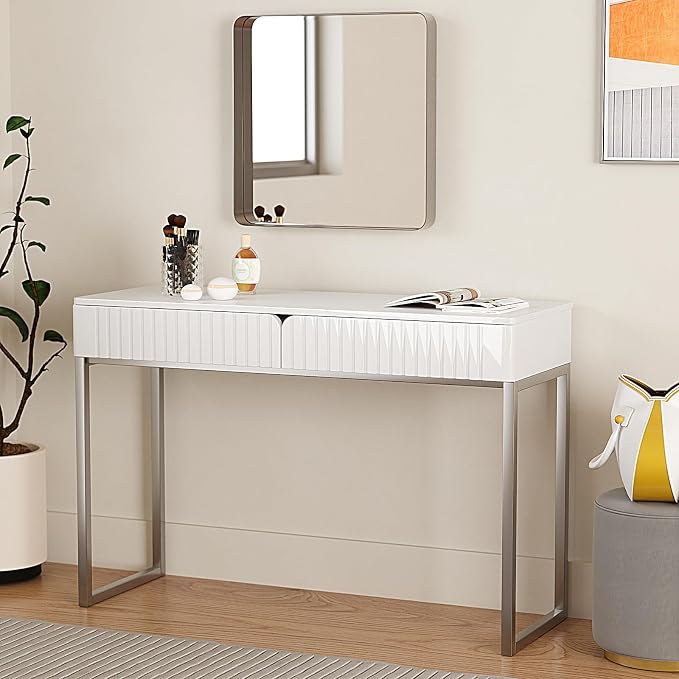 Tamworth Design Modern Multi-Purpose Desk, White & Antique Brass, 43" L x 15.75" W, 2 Large Drawers, Computer/Vanity/Study, Adult Size