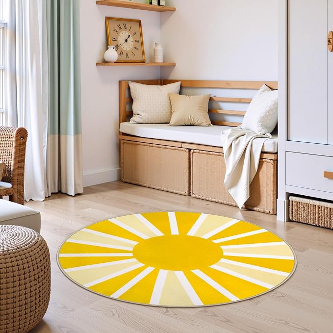 Lahome Yellow Rainbow Sun Round Rug: 3ft Washable & Non-Slip Low Pile with Cute Boho Print for Nursery, Bathroom, Bedroom, Kids Room & Dorm