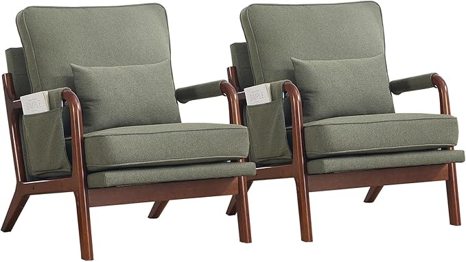 ANJ Mid Century Modern Accent Chair Set of 2, Lounge Reading Armchair with Extra Side Pocket & Detachable Cushion, Comfy Fabric Accent Chairs for Living Room, Bedroom, Green