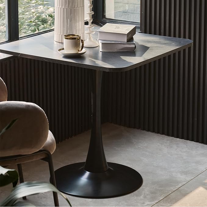 Square Modern Dinning Table 30 inches for 2-4 Bistro Tulip Table with Faux Marble top,Easy Assemble,no Wobble,Stable Sturdy Metal Frame Diameter 30in*H28.74in (Black, 30in)