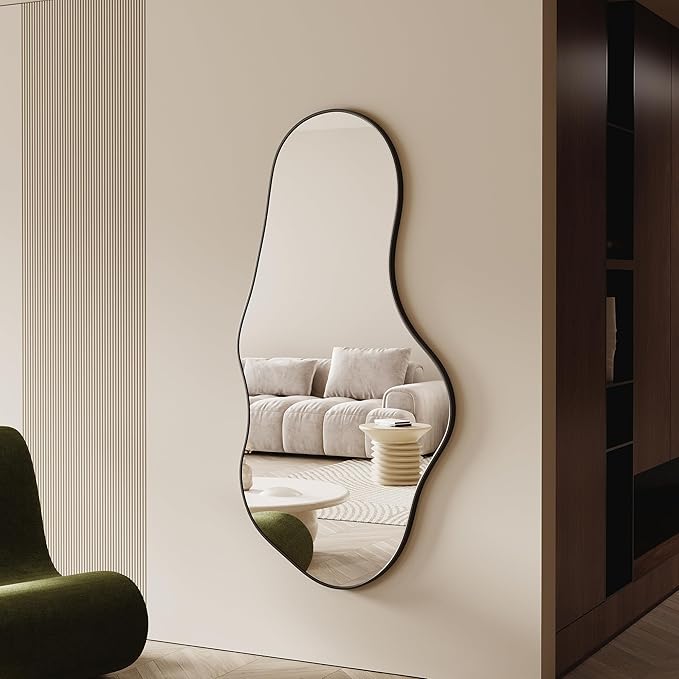 Asymmetrical Wall Mirrors -28''×55'' Irregular Decorative Aluminum Alloy Framed Mirror Artistic Cloud Mirrors Wavy Mirror for Bathroom, Bedroom, Living Room, Cloakroom(Black)