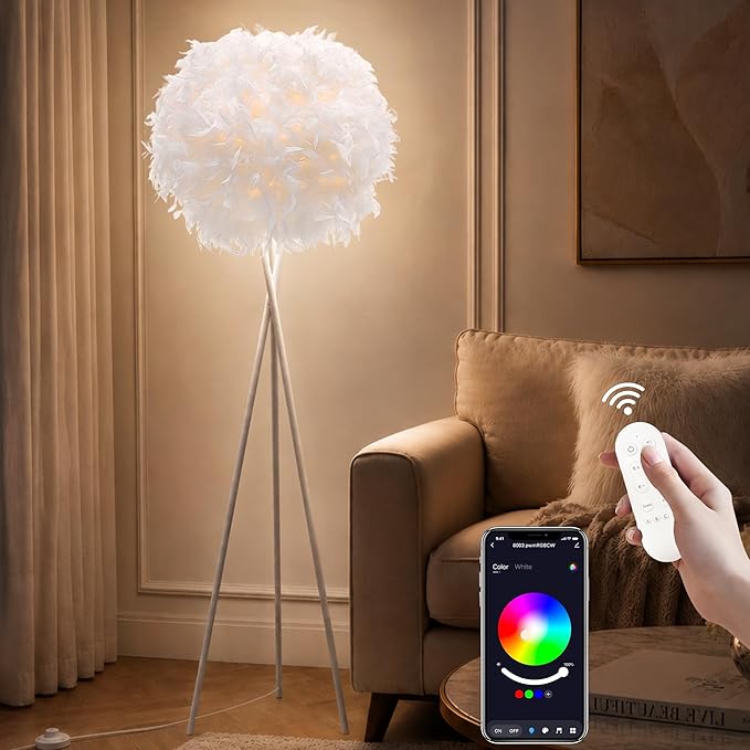 Star Vision Smart Tripod Floor Lamp with Feather Shade, Dimmable E26 LED Bulb Included, App & Voice Control Standing Light, Compatible with Alexa & Google Assistant, White