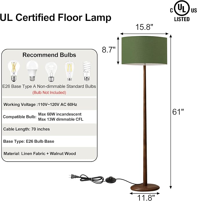 61" Rustic Walnut Wood Floor Lamp, Mid Century Standing Tall Lamp with Linen Shade, Retro Farmhouse Lighting for Home Living Room, Bedroom, Dining Room, UL listed, E26 Base (Bulb Not Included), Green