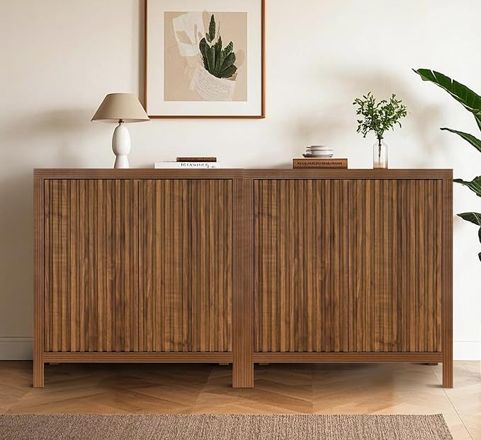 ZYBT Fluted Sideboard Buffet Cabinet, Mid Century Modern Accent Cabinet with 2 Doors and Adjustable Shelf, Storage Cupboard Credenza Console Table for Living Kitchen Dining Room Hallway