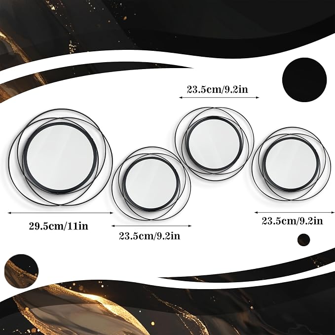4 Set Circle Mirrors for Wall Decor for Living Room Bedroom Bathroom Entryway Metal Round Mirror Decorative Hanging Mirrors Sun Bohemian Geometric Accent Sculpture -Black 11 in/9.2 in
