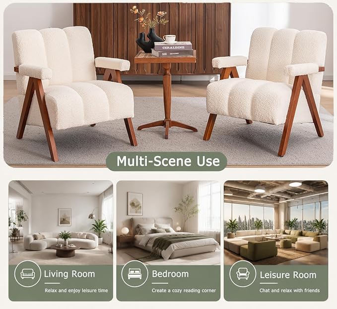Mid Century Modern Accent Chair with Solid Oak Wood Frame, Upholstered Chenille Lounge Chair with Ergonomic Backrest and Thick Cushion for Living Room Bedroom Balcony, Set of 2, Beige