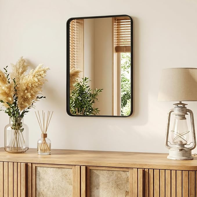 NEWBULIG 20X28 Inch Bathroom Mirror for Over Sink, Wall Vanity Mirrors Tempered Glass, Anti-Rust Metal Framed Rounded Rectangle, Hangs Horizontally or Vertically, Farmhouse Home Decor, Black