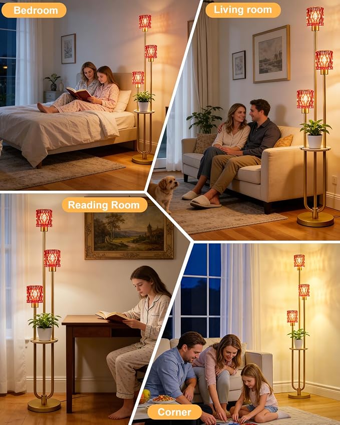 Lightdot 3-Lights Floor Lamp for Living Room Modern Gold Floor Lamp with Rose Red Glass Shade for Wedding/Party Farmhouse Tall Standing Lamp with 5Lbs Heavy Base for Bedroom/Sofa Beside/Corner Decor